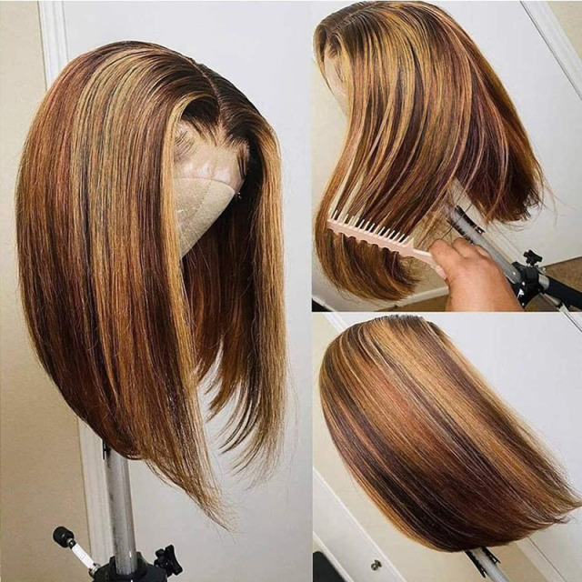 Bob Highlight Honey Blonde Straight Human Hair 13×6 Lace Front Wigs