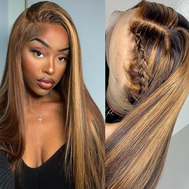 Highlight Lace Front Human Hair Wig Straight 4/27 Color Wig