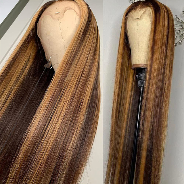 Highlight Lace Front Human Hair Wig Straight 4/27 Color Wig
