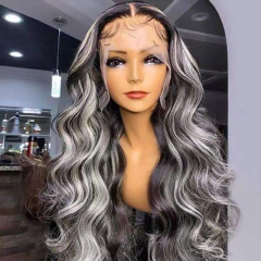Long Wave Black Synthetic Wigs With White Highlights Wigs