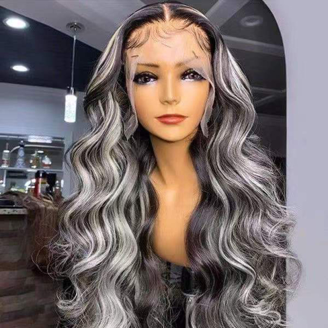 Long Wave Black Synthetic Wigs With White Highlights Wigs