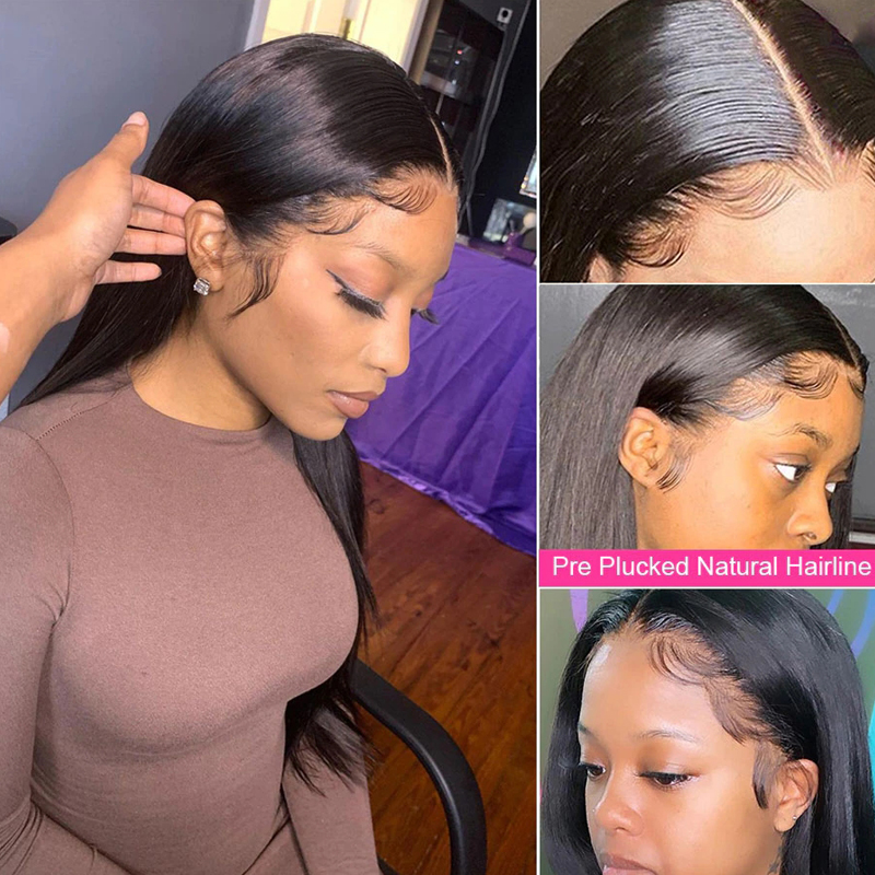 Black Long Straight Human Hair wigs HD Transparent Lace Front Wig