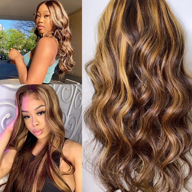 Long Highlight Brown Body Wave Lace Front Wigs Human Hair