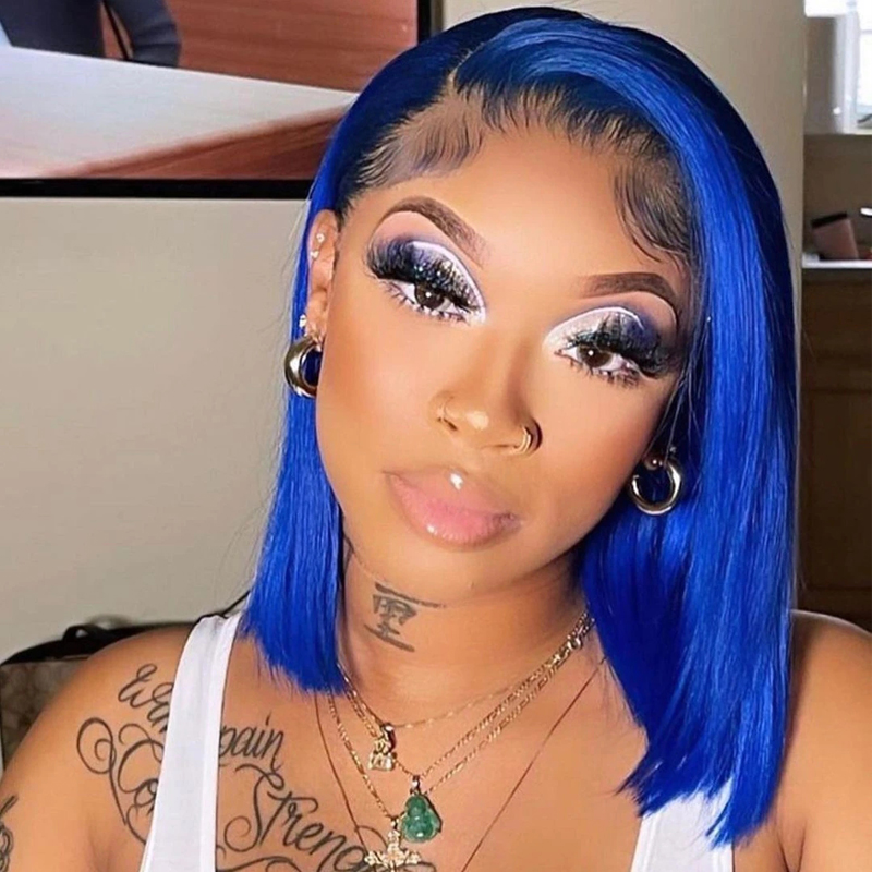 Short Bob 13x6 HD Transparent Lace Front Wigs Blue Straight Human Wig