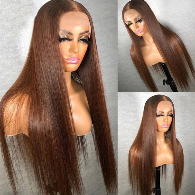 Chocolate Brown Silky Straight  Human Hair Wig 13X6 Lace Front Wigs