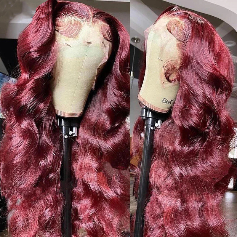 Body Wave 13x6 HD Transparent Lace Front Wig Burgundy Human Hair Wigs