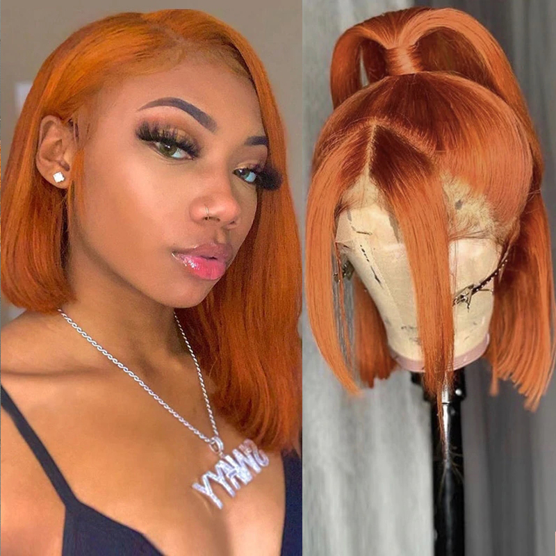 Short Bob HD Transparent Lace Wigs Dark Ginger Straight Human Hair Wig