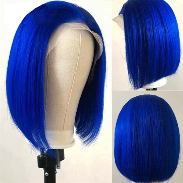 Short Bob 13x6 HD Transparent Lace Front Wigs Blue Straight Human Wig