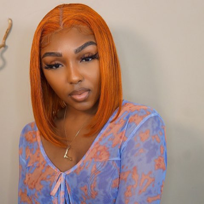 Short Bob HD Transparent Lace Wigs Dark Ginger Straight Human Hair Wig