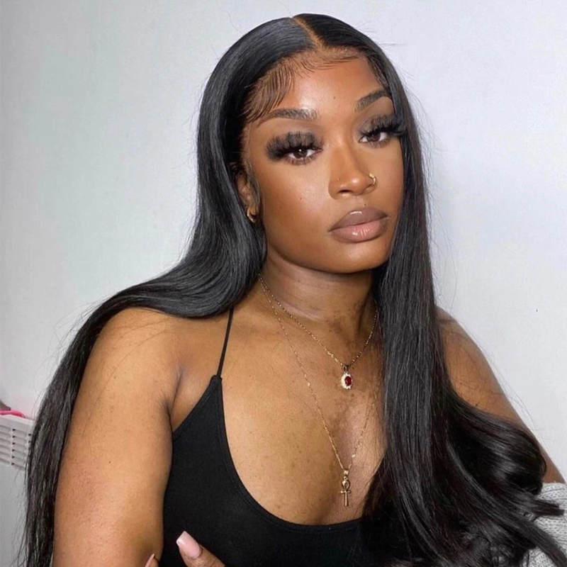 Black Long Straight Human Hair wigs HD Transparent Lace Front Wig