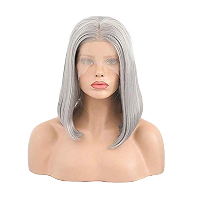 Short Bob Grey Straight Wigs High Temperature Fiber Synthetic Wig