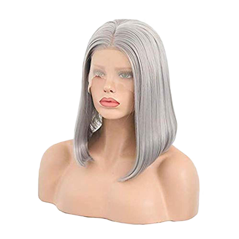 Short Bob Grey Straight Wigs High Temperature Fiber Synthetic Wig