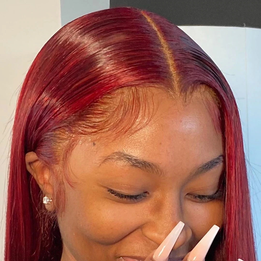 Burgundy Long Silky Straight HD Transparent Lace Front Human Hair Wigs