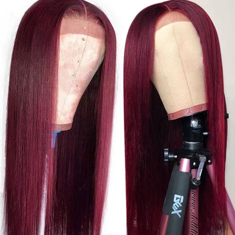 Burgundy Long Silky Straight HD Transparent Lace Front Human Hair Wigs