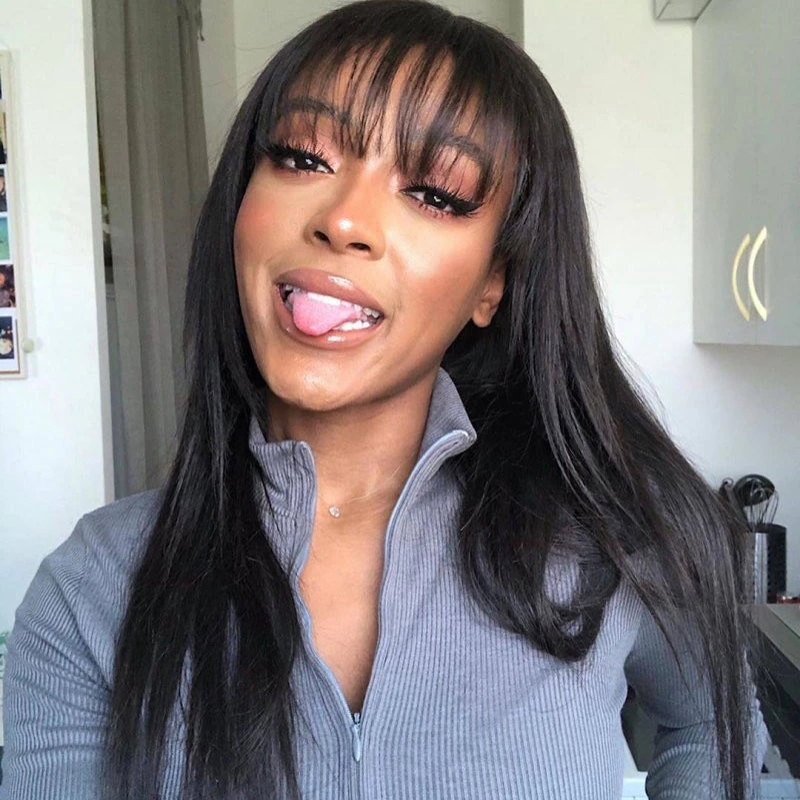 Imeya Black Full Lace Human Hair Wigs HD Lace Long Straight Wig with Bangs