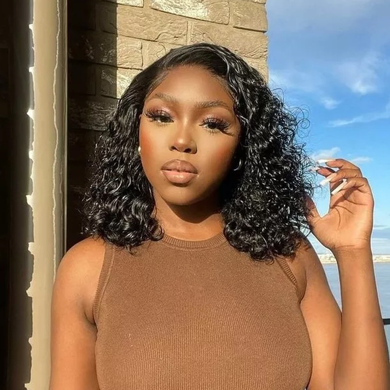 Black Curly Wave HD Transparent Lace Front Wigs Short Bob Pre Plucked Human Hair Wigs