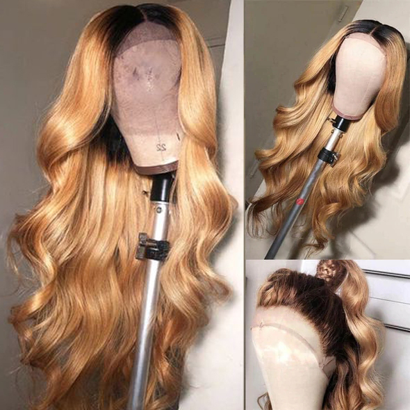Ombre Honey Brown Human Hair Wig HD Transparent Lace Wigs