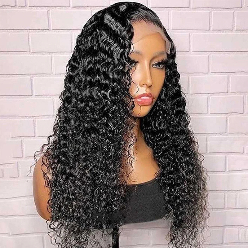 Black HD Transparent Lace Front Wig Pre Plucked Curly Wave Human Hair Wig