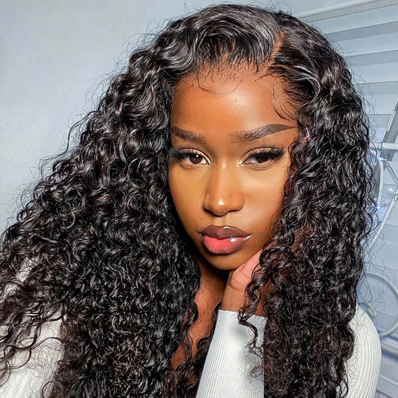 Black HD Transparent Lace Front Wig Pre Plucked Curly Wave Human Hair Wig