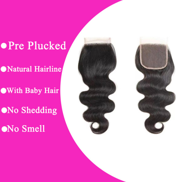 Natural Color Body Wave 4x4 Transparent Lace Closure Free Part Human Hair Closure