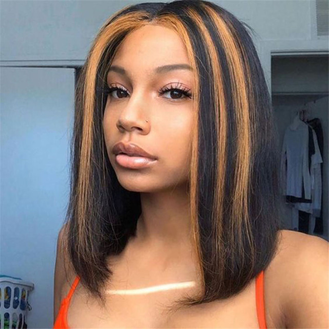 Mix Color Shouler Lenght Bob Straight Synthetic Wigs With Baby Hair