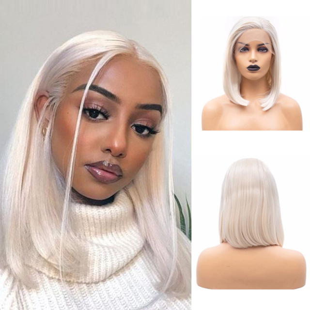 Platinum Blonde Straight Lace Front Wigs Short Bob Synthetic Wig