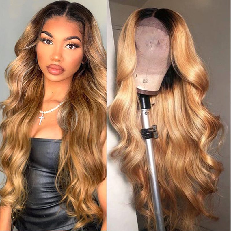 Ombre Honey Brown Human Hair Wig HD Transparent Lace Wigs