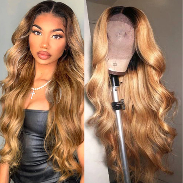 Ombre Honey Brown Human Hair Wig HD Transparent Lace Wigs