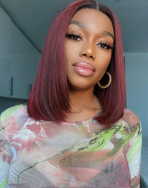 Ombre Burgundy Short Bob Human Hair Wig 13x6 HD Lace Front Wigs
