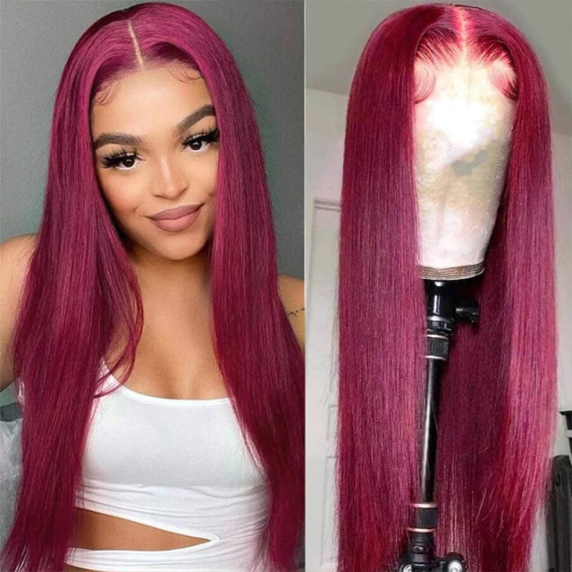 Burgundy Long Silky Straight HD Transparent Lace Front Human Hair Wigs