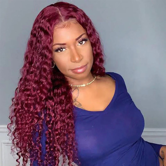 Burgundy Curly Wave 13x6 Lace Front Wigs Human Hair Middle Part  Wig