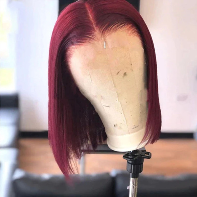 Burgundy Bob Straight HD Transparent Lace Front Wig Pre Plucked Human Hair Wig