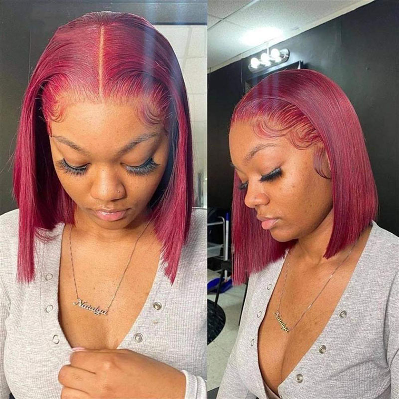Burgundy Bob Straight HD Transparent Lace Front Wig Pre Plucked Human Hair Wig