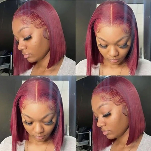Burgundy Bob Straight HD Transparent Lace Front Wig Pre Plucked Human Hair Wig
