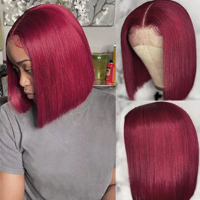 Burgundy Bob Straight HD Transparent Lace Front Wig Pre Plucked Human Hair Wig