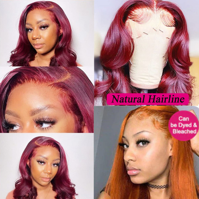 Body Wave 13x6 HD Transparent Lace Front Wig Burgundy Human Hair Wigs