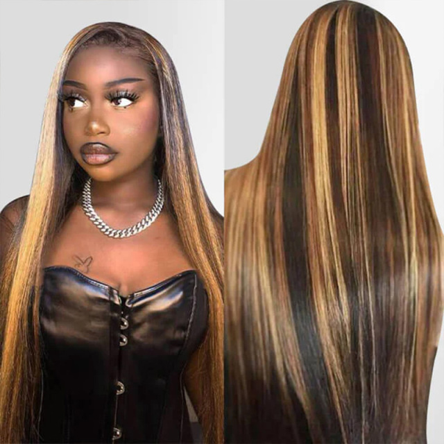 Highlight Lace Front Human Hair Wig Straight 4/27 Color Wig