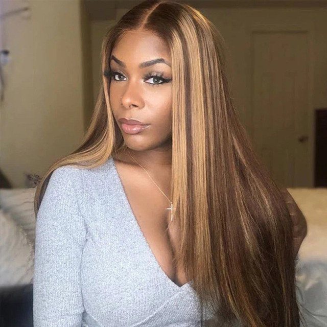 Highlight Lace Front Human Hair Wig Straight 4/27 Color Wig