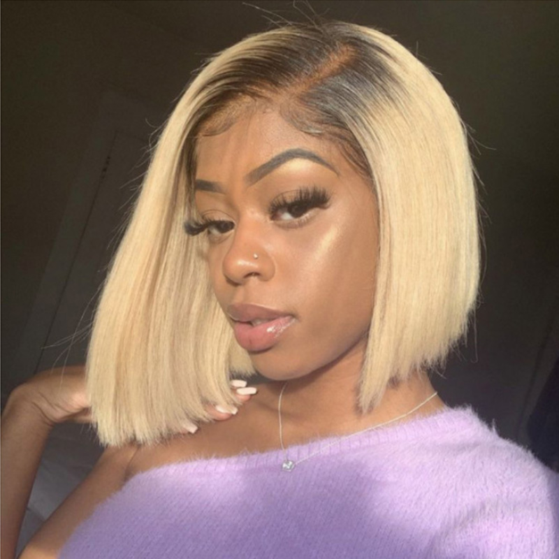 Short Bob Straight HD Lace Front Wig Ombre Blonde Human Hair Wigs