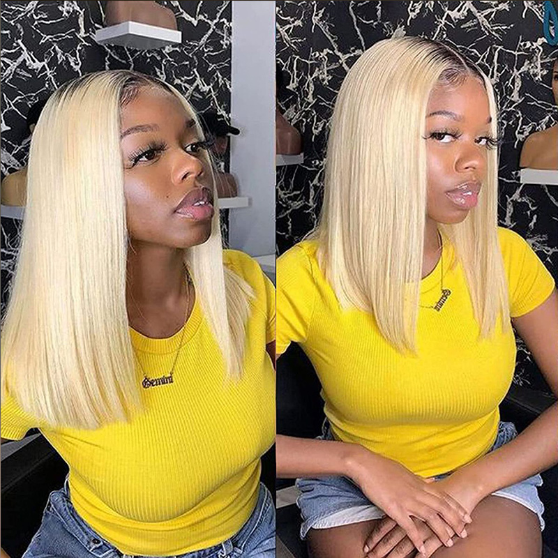 Short Bob Straight HD Lace Front Wig Ombre Blonde Human Hair Wigs
