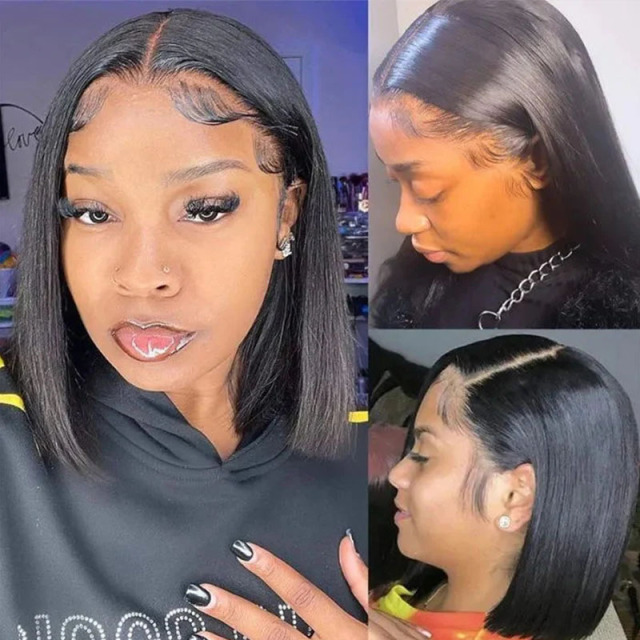 Short Natural Straight HD Transparent Lace Wig Bob Human Hair Wigs with Bangs