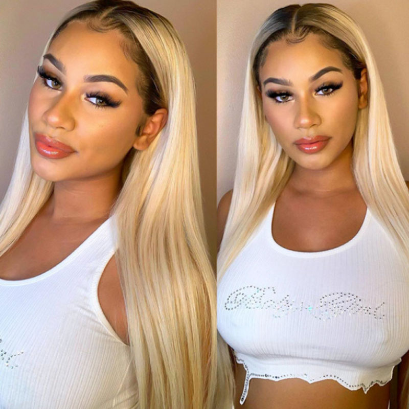 13x6 HD Lace Front Wig Platinum Blonde Wig with Black Roots Human Hair Wigs