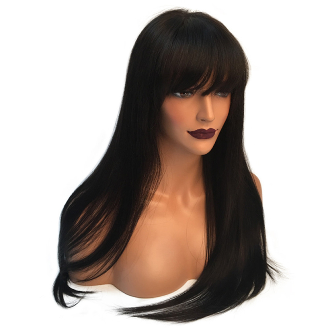 Imeya Black Full Lace Human Hair Wigs HD Lace Long Straight Wig with Bangs