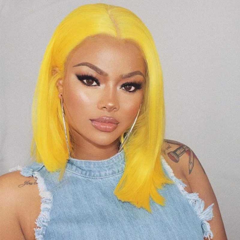 Yellow Straight Bob Human Hair Wigs HD Transparent Lace Front Wig