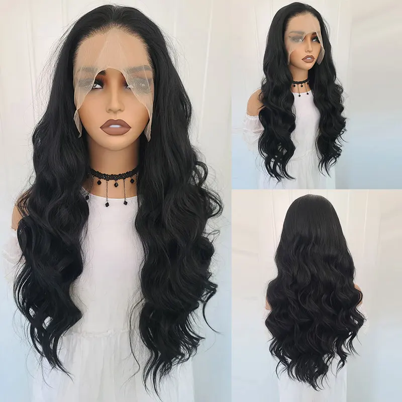 AIMEYA 24 Inch Body Wave Lace Front Chemical Fiber Wigs Black Color Synthetic Wave Hair Wigs For Daily Party Cosplay Wear