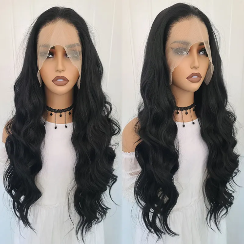 AIMEYA 24 Inch Body Wave Lace Front Chemical Fiber Wigs Black Color Synthetic Wave Hair Wigs For Daily Party Cosplay Wear
