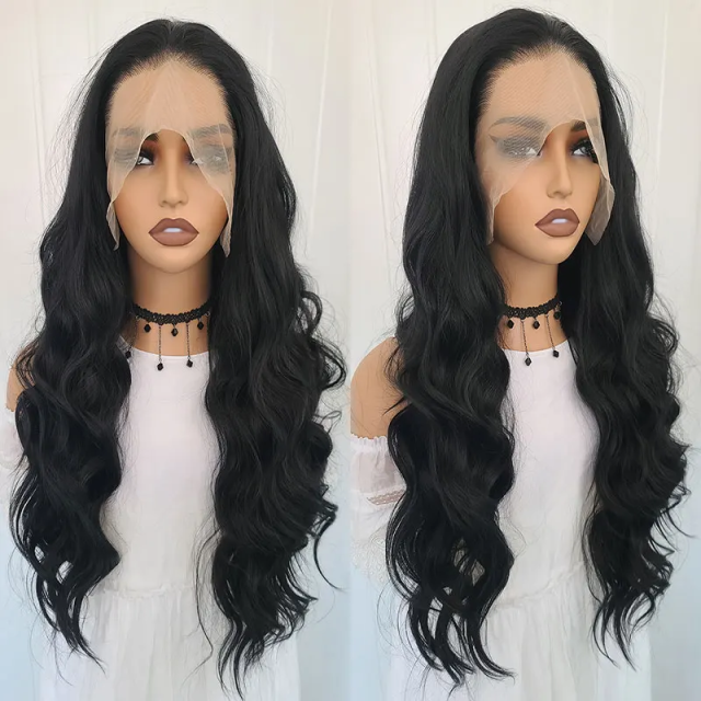 AIMEYA 24 Inch Body Wave Lace Front Chemical Fiber Wigs Black Color Synthetic Wave Hair Wigs For Daily Party Cosplay Wear