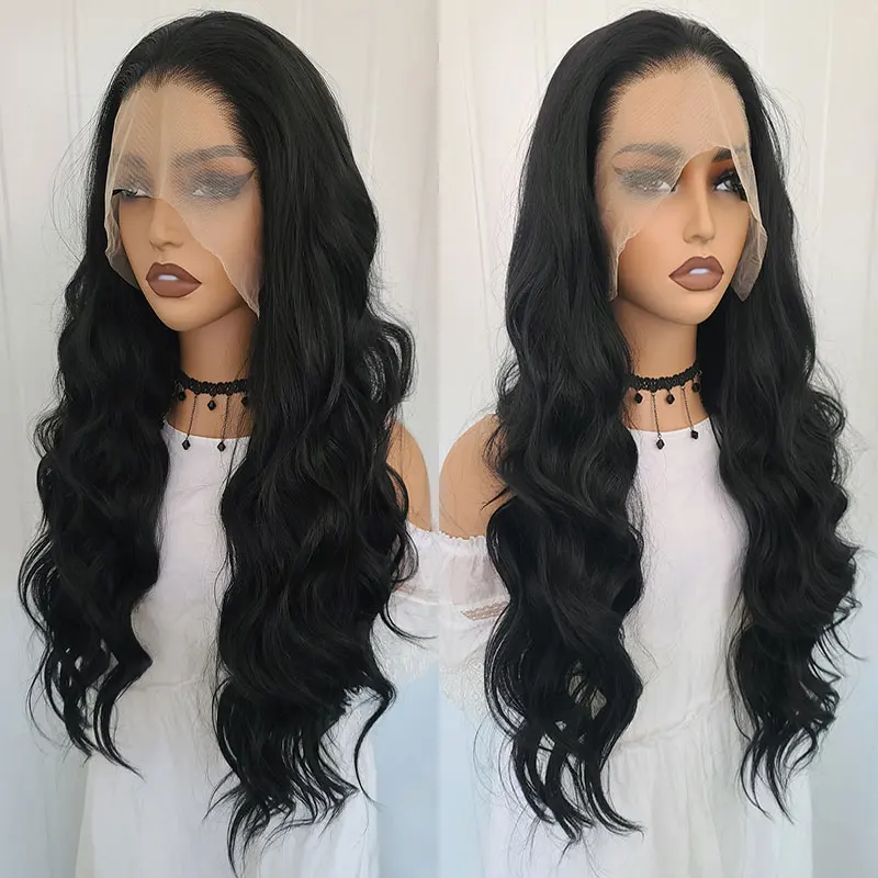 AIMEYA 24 Inch Body Wave Lace Front Chemical Fiber Wigs Black Color Synthetic Wave Hair Wigs For Daily Party Cosplay Wear