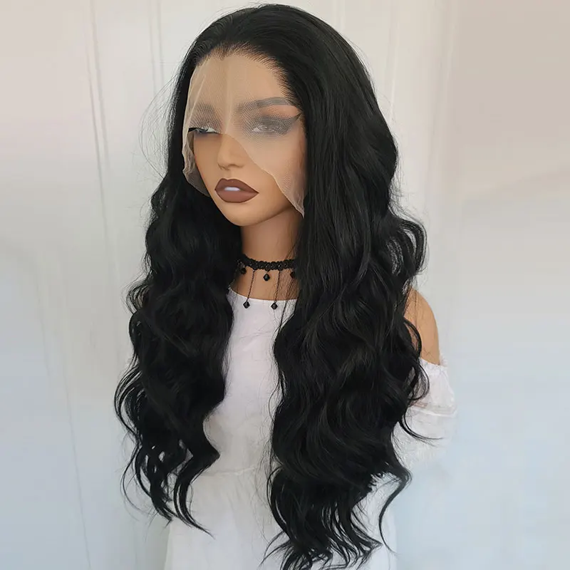 AIMEYA 24 Inch Body Wave Lace Front Chemical Fiber Wigs Black Color Synthetic Wave Hair Wigs For Daily Party Cosplay Wear