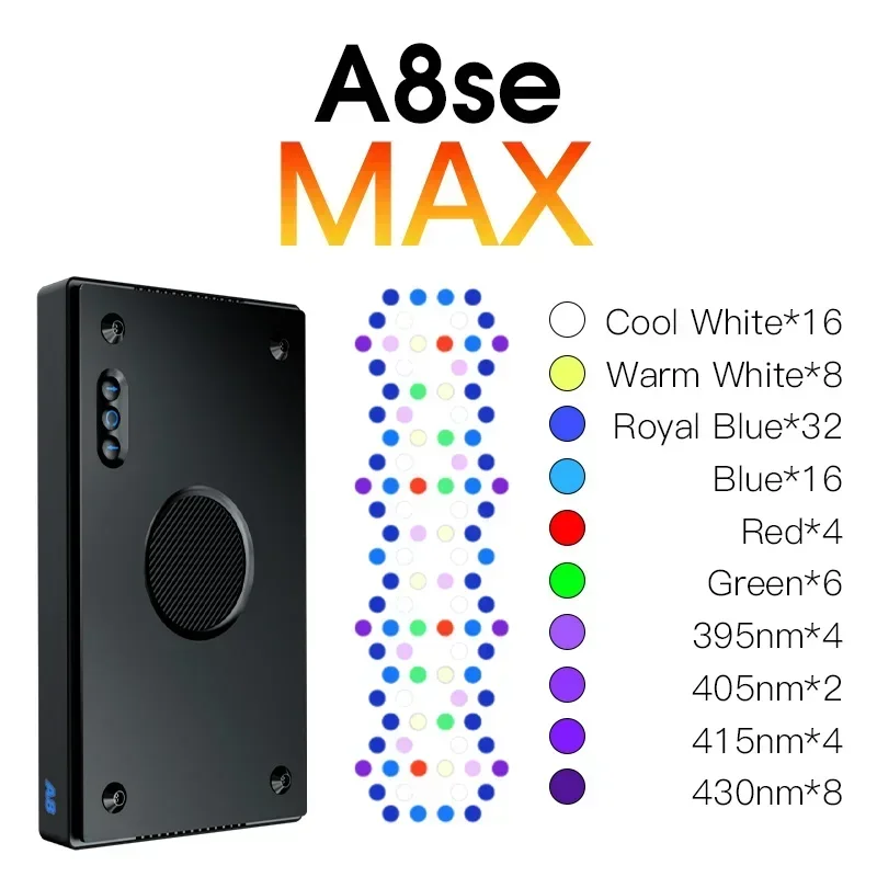 A8SE II Max and Blue 240W 8-Channels Smart Full Spectrum WiFi APP Programmable Saltwater Aquarium Coral Reef LED Light